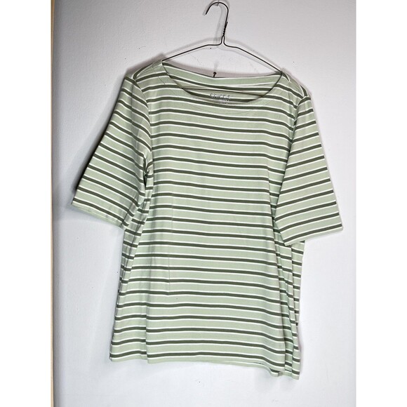 Chico's Tops - Chico's Shirt Womens 2 Green Stripe Boat Neck Short Sleeve Pima Cotton Top